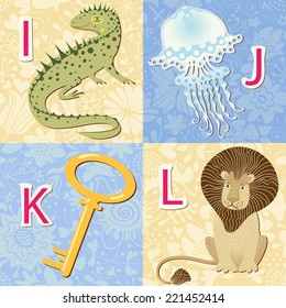 Alphabet with pictures. I, J, K, L letters. Vector illustration.