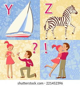 Alphabet with pictures. Y, Z, ?, ! letters and punctuation marks. Vector illustration.