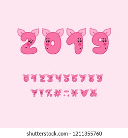 Alphabet piggy design. Numbers and punctuation marks. Bold font clip art, cartoon style. Vector illustration. EPS 10