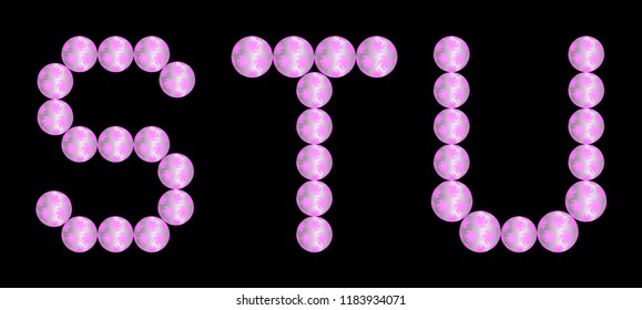 Alphabet from pink christmas balls. STU