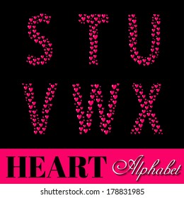 Alphabet of pink hearts vector illustration of black background