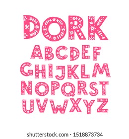 Alphabet of pink letters in a floral ornament. Vector. Letters in a vegetable pattern. Cartoon doodle style. English alphabet. Aerial winter font.