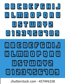 Alphabet pixel font. Letters and numbers old video game design. Vector illustration.