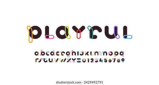 alphabet playful decorative font, rounded letters A, B, C, D, E, F, G, H, I, J, K, L, M, N, O, P, Q, R, S, T, U, V, W, X, Y, Z and numerals 0, 1, 2, 3, 4, 5, 6, 7, 8, 9, vector illustration 10EPS