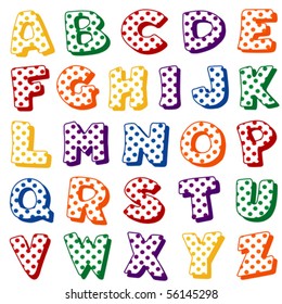 Alphabet, Polka Dots.  Original letter design in multi color polka dots on a white background for scrapbooks, albums, crafts, back to school projects. EPS8 compatible.