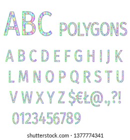 Alphabet of polygons  multi colored   mosaic font and numbers vector illustration editable hand draw
