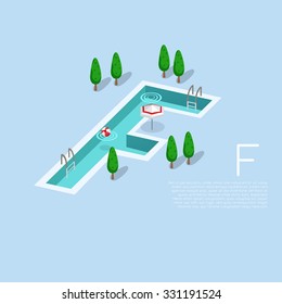 Alphabet with pool party elements : Letter F : Vector Illustration