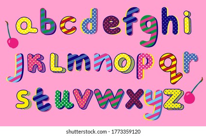 Alphabet in pop art style. ABC lettering.Latin,American and English language.Different ornaments: stripes,dots,comic strokes. Suitable for kindergarten,nursery school,magazine covers.Font vector