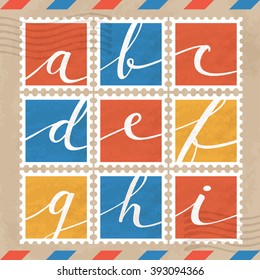 Alphabet in Postage Stamps Template : Vector Illustration