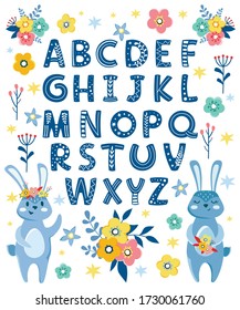 Alphabet poster with cute blue hares and flowers on a white background. Children's illustration, letters and font.