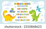 Alphabet poster with cute cartoon dinosaurs for children. Dino font design for kids. Vector illustration of an ABC banner with numbers for preschool, kindergarten or nursery students to learn letters