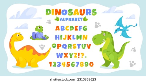 Alphabet poster with cute cartoon dinosaurs for children. Dino font design for kids. Vector illustration of an ABC banner with numbers for preschool, kindergarten or nursery students to learn letters