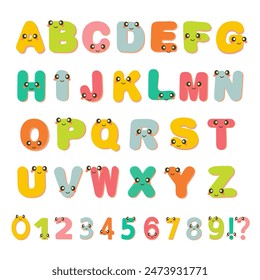 Alphabet poster with cute cartoon letters for children. Font design for kids. Vector illustration of ABC banner with numbers for preschool, kindergarten or kindergarten kids to learn letters.