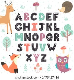 Alphabet poster with cute forest animals. Wall Art for kids. Vector illustration