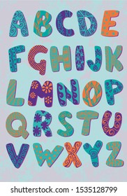 Alphabet poster with cute ornament letters. Art for kids. Vector illustration.