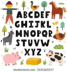 Cartaz alfabético para crianças com animais de fazenda bonitos. Letras desenhadas à mão de A a Z. ABC imprimir para escola e pré-escola com vaca, porco, cavalo, galinha e outros personagens da fazenda. Ilustração vetorial