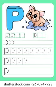 Alphabet Übungsblatt mit niedlichen Schwein Illustration für Vorschulerziehung.