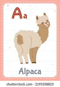 Tarjeta de flash imprimible alfabética con letra A. Caricatura sobre una linda foto de un animal de alpaca y la palabra inglesa en la tarjeta de flash para la educación de los niños. Tarjetas de memoria escolar para niños de guardería ilustración vectorial plana