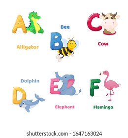 Alphabet printable flashcard letter A B C D E F. Zoo animals for english language education.