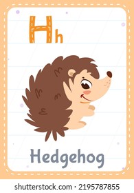 Tarjeta de flash imprimible de alfabeto con letra H. Caricatura sobre un lindo animal de erizo y la palabra inglesa en la tarjeta de flash para la educación de los niños. Tarjetas de memoria escolar para niños de guardería ilustración vectorial plana