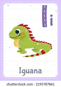 Tarjeta de flash imprimible de alfabeto con letra I. Caricatura sobre el lindo animal de iguana verde y la palabra inglesa en la tarjeta de flash para la educación de los niños. Tarjetas de memoria escolar para niños de guardería ilustración vectorial plana