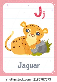 Tarjeta flash imprimible alfabética con letra J. Caricatura sobre el lindo animal jaguar y la palabra inglesa en la tarjeta flash para la educación de los niños. Tarjetas de memoria escolar para niños de kindergarten ilustración vectorial plana.