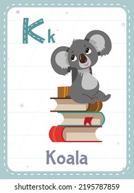 Tarjeta de flash imprimible de alfabeto con letra K. Caricatura lindo animal koala y palabra inglesa en tarjeta de flash para la educación de los niños. Tarjetas de memoria escolar para niños de kindergarten ilustración vectorial plana.