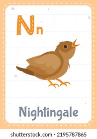 Tarjeta flash imprimible de alfabeto con letra N. Caricatura adorable foto de pájaro de ruiseñor y palabra inglesa en tarjeta de flash para la educación de los niños. Tarjetas de memoria escolar para niños de kindergarten vector plano