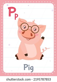 Tarjeta de flash imprimible Alphabet con letra P. Cartoon lindo animal de cerdo rosa y palabra inglesa en tarjeta de flash para educación infantil. Tarjeta de memoria escolar para niños de kindergarten ilustración vectorial plana.