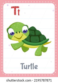 Flashcard imprimible alfabético con letra T y tortuga a animales salvajes. Caricatura de una linda tortuga y palabra inglesa en tarjeta de flash para la educación de los niños. Tarjeta de memoria escolar para niños con ilustración vectorial plana.