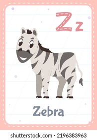 Tarjeta de flash imprimible de alfabeto con letra Z. Caricatura tierno animal de cebra a rayas y palabra inglesa en tarjeta flash para la educación de los niños. Tarjeta de memoria escolar para niños de kindergarten ilustración vectorial plana.