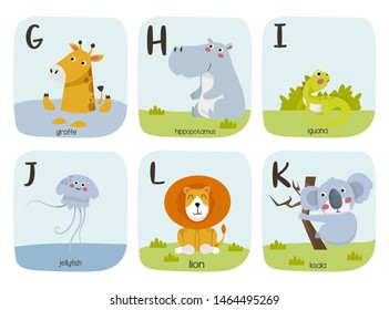 Alphabet printable flashcards vector collection with letter g h i j k. zoo animals for english language education.