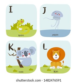Alphabet printable flashcards vector collection with letter I to L. Cute vector Zoo alphabet with animals in cartoon style.