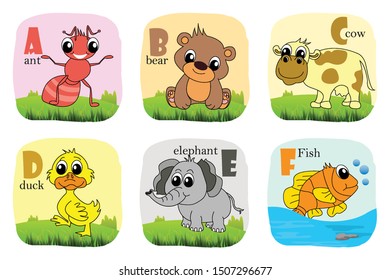 Alphabet printable flashcards vector collection with letter A to D. Cute vector Zoo alphabet with animals in cartoon style. ant, bear, cow, duck, elephant, fish. vector illustration.
