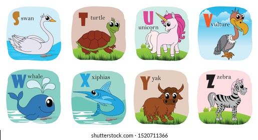 Alphabet printable flashcards vector collection with letter S to Z. Cute vector Zoo alphabet with animals in cartoon style. swan, turtle, unicorn, vulture, whale, xiphias, yak, zebra. vector - eps10