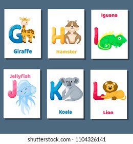 Alphabet printable flashcards vector with letter G H I J K L. Zoo animals for english language education. Kindergarten abc poster cards with alphabet letters for preschool kids homeschooling.