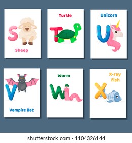 Alphabet printable flashcards vector with letter S T U V W X. Zoo animals for english language education. Kindergarten abc poster cards with alphabet letters for preschool kids homeschooling.