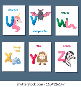 Alphabet printable flashcards vector with letter U V W X Y Z. Zoo animals for english language education. Kindergarten abc poster cards with alphabet letters for preschool kids homeschooling.