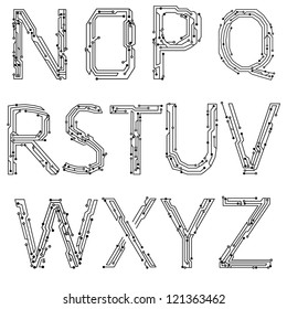 Alphabet of printed circuit boards. Easy to edit.Abstract circuit board background texture. Vector. Lowercase N-Z