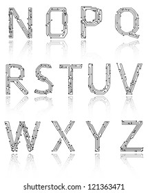 Alphabet of printed circuit boards. Easy to edit.Abstract circuit board background texture. Vector. Lowercase N-Z. Vector EPS 10