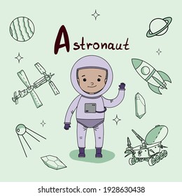 Juego de profesiones de alfabeto. Aprender letras con profesiones divertidas. Astronauta para una carta. Perfecto para la educación, la ducha para bebés, la impresión infantil o la decoración de habitaciones, la tarjeta de plantilla, los libros y mucho más