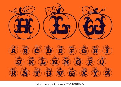 Alfabeto en calabazas con textura gruesa. Tipo de letra gótico con serif curvo. Perfecto para tu diseño de Halloween.