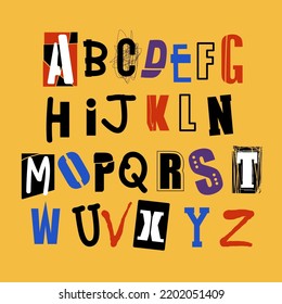 Alphabet in punk style. Colored letters on a yellow background are hand-drawn. Lettering, newspaper clipping