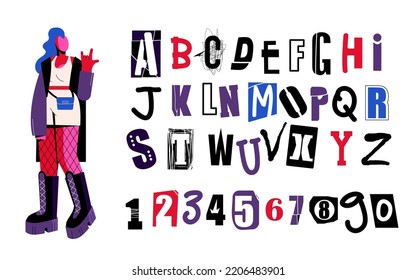 Alphabet in punk style. Colored letters and numbers are hand-drawn. Rocker girl with mohawk
