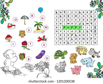 Alphabet. Puzzles for kids. Tasks for children.  Learn to write and read. Letters. ABC. Workbook.  Add words from letters. Little animals cartoons characters. Vector illustration. 