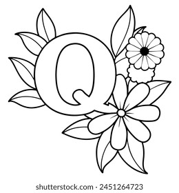 Alphabet Q coloring page with the flower, Q letter digital outline floral coloring page, ABC coloring page
