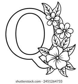 Alphabet Q coloring page with the flower, Q letter digital outline floral coloring page, ABC coloring page
