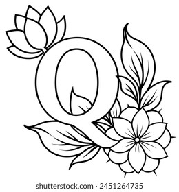 Alphabet Q coloring page with the flower, Q letter digital outline floral coloring page, ABC coloring page
