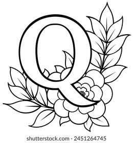 Alphabet Q coloring page with the flower, Q letter digital outline floral coloring page, ABC coloring page
