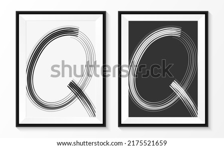 Alphabet "Q" hand drawn, Abstract brush black and white picture on paper with black wooden frame. vector illustration.